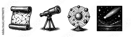 Astronomy exploration vintage engraving icons set, map telescope mechanism comet