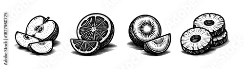  Fruit slices vintage engraving icons set, apple orange kiwi pineapple