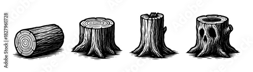 Tree logs and stumps vintage engraving icons set, wooden timber pieces