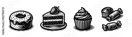 Sweet desserts vintage engraving icons set, donut cake cupcake candies