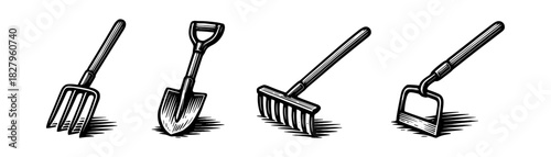 Garden tools vintage engraving icons set, pitchfork shovel rake hoe