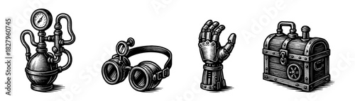 Steampunk gadgets vintage engraving icons set, glove telescope robot hand chest
