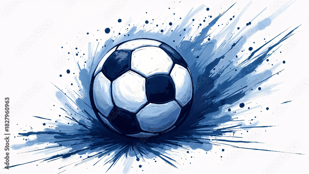 Fototapeta premium Classic soccer ball bursts through blue splash—paint streaks radiate motion and energy, evoking impact, creativity, and the expressive pulse of sport. 