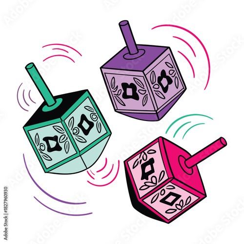 Three colorful spinning dreidels with decorative patterns and motion lines spinning top game