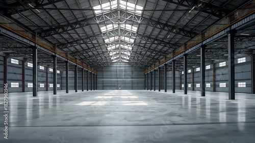 A vast empty industrial warehouse interior with tall steel columns, high truss ceiling, polished concrete floor and evenly spaced structural bays
