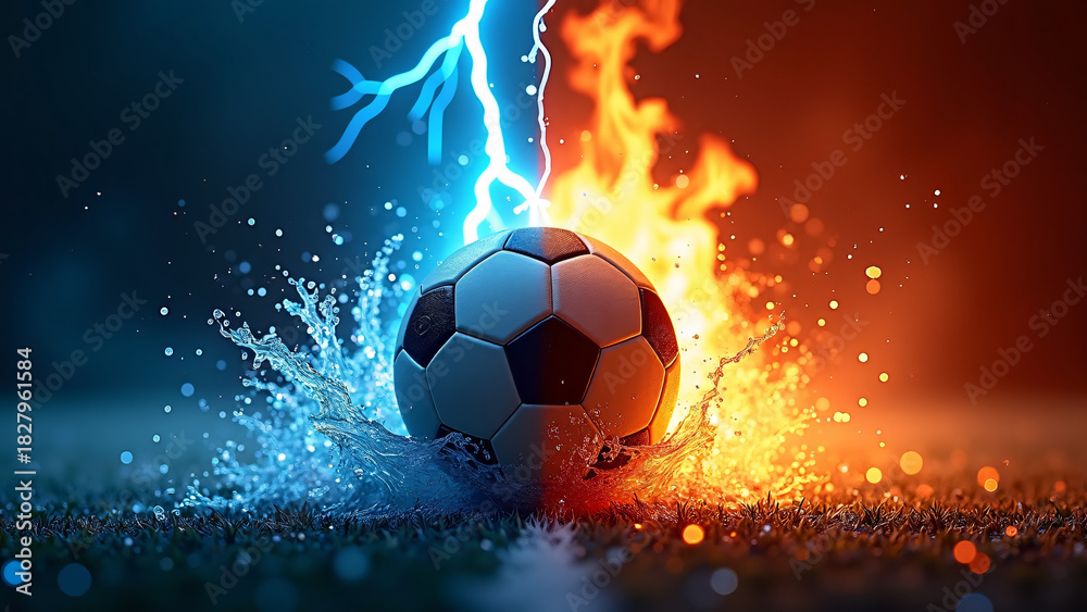 Naklejka premium Soccer ball splits fire and lightning—blue splash and orange flame collide in mid-air, evoking intensity, duality, and elemental competition. 
