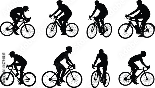 Cyclist silhouettes riding bicycles in multiple poses, professional bike riders training, cycling sport illustration for fitness, outdoor activity, racing competition, athletic design