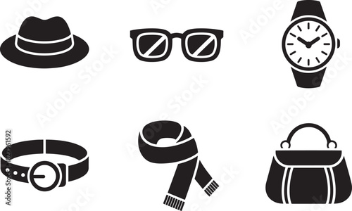 Accessories icons collection set trendy fashion style includes hat glasses watch belt scarf and purse