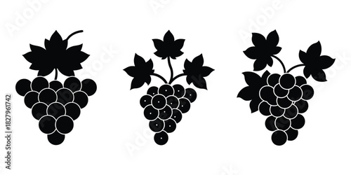 Black Silhouette of Grape Bunches with Leaves Isolated on White Background Perfect for Vineyard Designs
