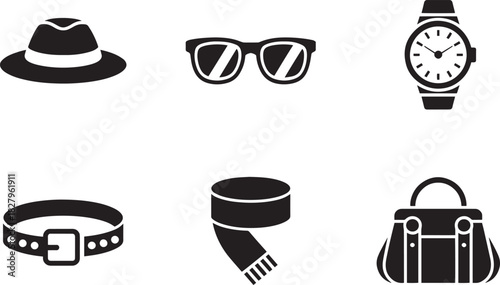 Accessories icons fashion style collection set includes hat sunglasses watch belt scarf and handbag