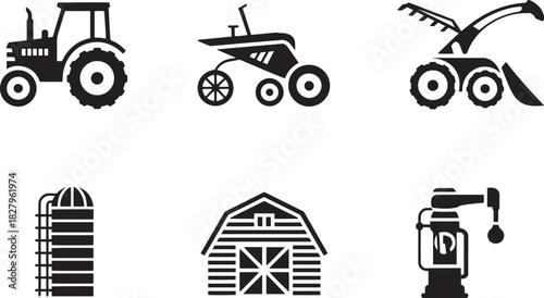 Agricultural vehicles farm equipment icons set tractor plow harvester sprayer silo barn pump