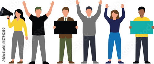 Multiracial group of diverse protestors demonstrating for human rights, equality, freedom, and justice, holding blank signs, with a woman speaking through a megaphone.