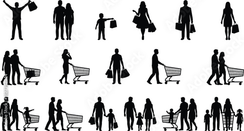 Large set of diverse people and families shopping, pushing carts and holding bags, illustrating consumerism, retail, commerce, and buying activity on white.