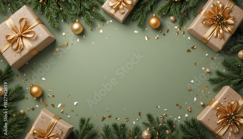 Festive christmas arrangement featuring wrapped gifts, ornaments, and fir branches on a green background