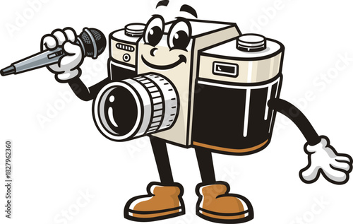 Camera mascot cartoon is holding a microphone