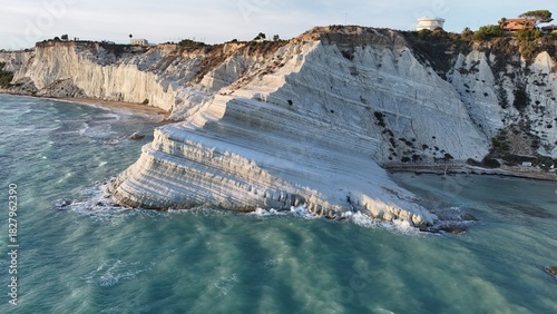 Fototapeta Naklejka Na Ścianę i Meble -  Amazing drone photography of the Turkish Steps, Scala dei Turchi, a rocky cliff on the coast of Realmonte, near Porto Empedocle, southern Sicily, Italy