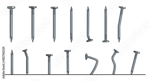 Realistic set of metal construction nails in various conditions including straight bent and hammered into a surface vector.