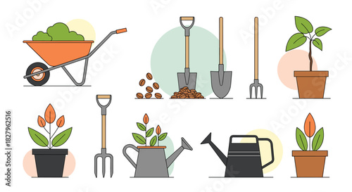 Collection of colorful gardening tools and potted plants including a wheelbarrow shovels and watering cans in a flat line style.