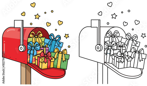 Red mailbox overflowing with colorful gift boxes and hearts vector illustration set in color and black and white outline suitable for coloring book page and holiday greeting card design
