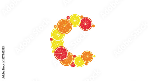 Letter C of the alphabet made from colorful citrus fruit slices representing vitamin C and healthy eating on white background.