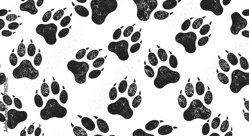 Seamless pattern of black grunge-textured bear or dog paw prints scattered randomly across a clean white background vector.