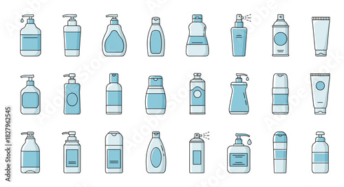 Large collection of cosmetic and hygiene product bottles in a simple blue and white outline style for beauty and skincare.