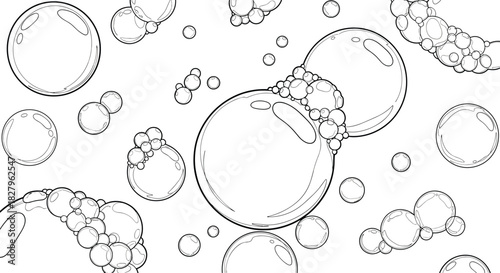 Black and white line art illustration of various sizes of soap bubbles and foam floating on a clean white background vector.