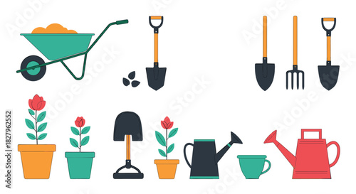 Set of colorful flat design gardening tools and equipment including a wheelbarrow shovel watering can and potted flowers.
