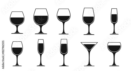 Set of black silhouette icons showing various types of glassware for wine champagne and cocktails on a white background.