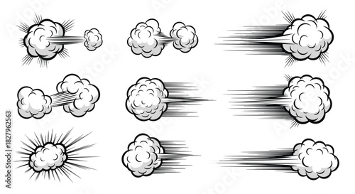 Collection of nine dynamic comic book motion effects with smoke clouds and speed lines to illustrate fast movement or action.