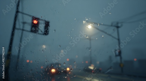 Fototapeta Naklejka Na Ścianę i Meble -  Dark blue abstract night rain on the city street with car lights and wet road water in Paris