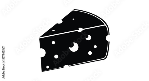 Simple black and white silhouette icon of a wedge of swiss cheese with holes perfect for food and dairy related logos.