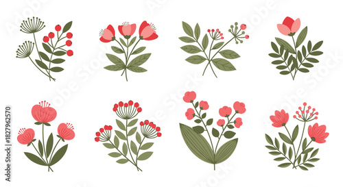 Collection of eight beautiful stylized floral bouquets with red flowers and green leaves in a simple flat design vector set.