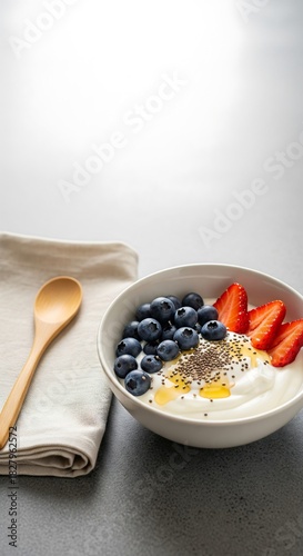 Healthy Breakfast Bowl with Yogurt, Blueberries, Strawberries and Chia Seeds - Vertical Minimal Background