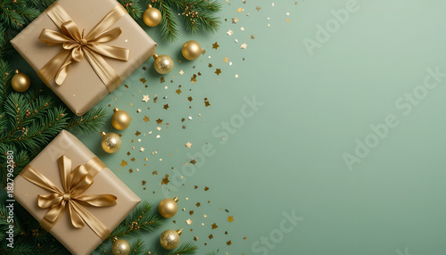 Top view of christmas presents with gold ribbons, ornaments, and confetti on a light green background