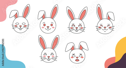 Set of cute rabbit head line art emoticons showing a range of emotions from happy and sad to sleepy and surprised vector.