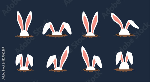 Collection of cartoon rabbit ears sticking out of a hole in the ground in various positions on a dark background vector.