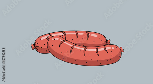 Simple cartoon illustration of two cooked sausages with grill marks ready to eat for a meal or snack on a gray background.