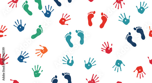Seamless pattern of colorful handprints and footprints from children or toddlers scattered on a clean white background vector.