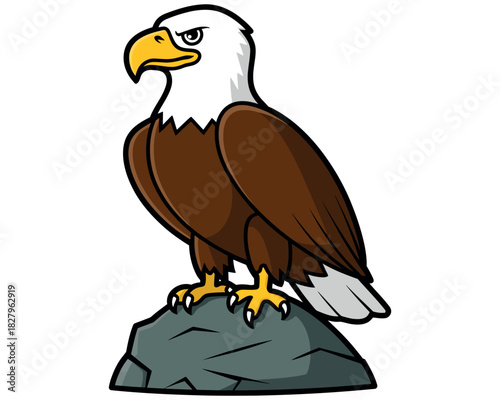 A stylized cartoon bald eagle stands proudly on a rock.
