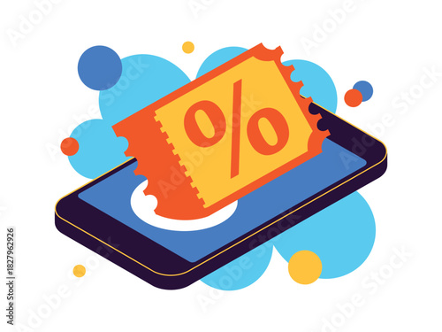 A smartphone displays a discount coupon with a percentage symbol on its screen.