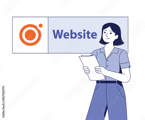 A person holds papers in front of a sign that says "Website".