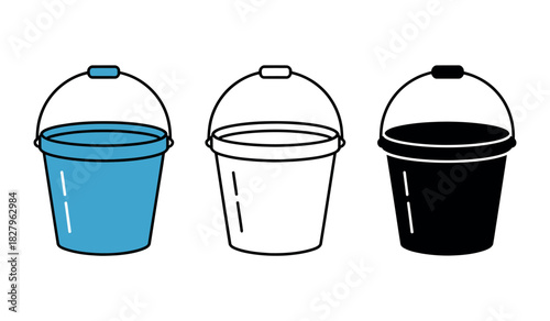 Three buckets, one blue, one white outline, and one black, are shown side by side.