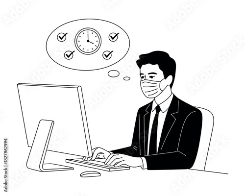 A person wearing a mask sits at a computer and thinks about time management.