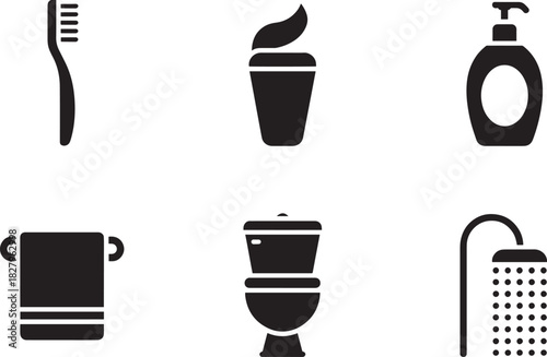 Bathroom personal hygiene icons collection set toothbrush toothpaste dispenser towel toilet shower