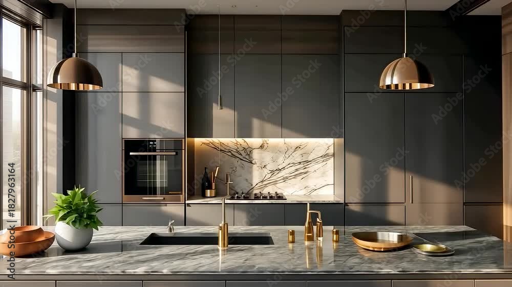 Elegant modern kitchen interior with marble surfaces, warm natural ...