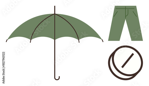 Green umbrella with curved handle, green pants, and crossed-line circle. Ideal for protection, apparel, prohibition, weather, minimalism restrictions outdoor themes. Simple flat metaphor