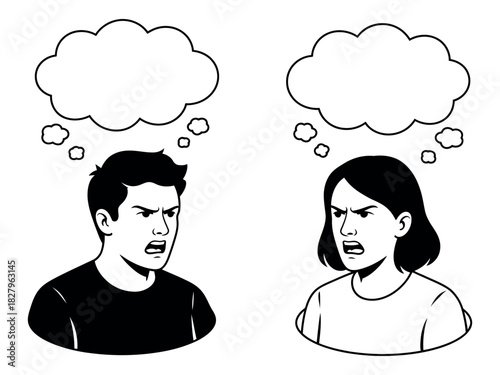 Two people with angry expressions have blank thought bubbles above their heads.