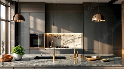 Elegant modern kitchen interior with marble surfaces, warm natural sunlight, sleek cabinetry, golden fixtures, and sophisticated contemporary design