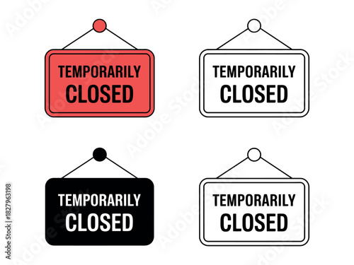 Four signs display the message 'Temporarily Closed' in different styles.